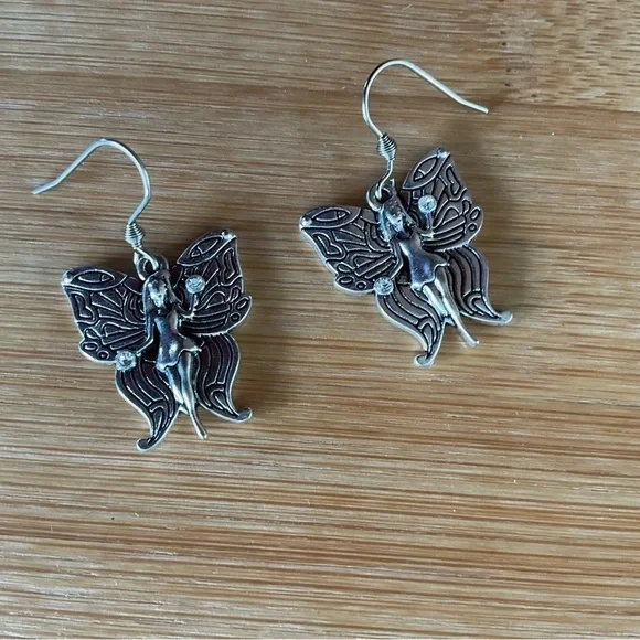Hand Crafted Earrings Butterfly Faery Charm Antique Silver Fairy Faerie Dangle