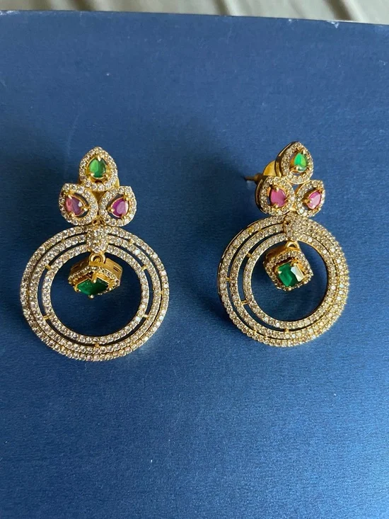 Gold-Tone Multi-Gem Drop Earrings with Green and Pink Stones