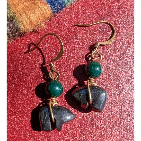 Vintage Hematite Bear Earrings; Southwestern Dangle Earrings