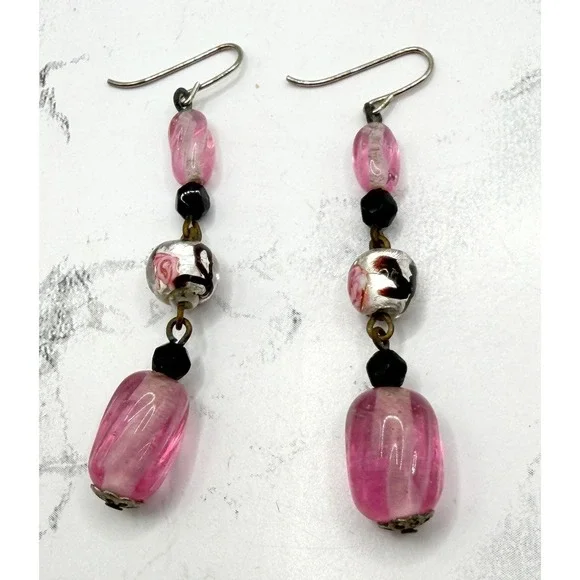 Boho Pink Glass Bead Dangle Drop Earrings‎ Spring Jewelry Garden Party