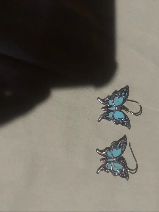 Butterfly Drop Earrings — Turquoise and Silver Tone