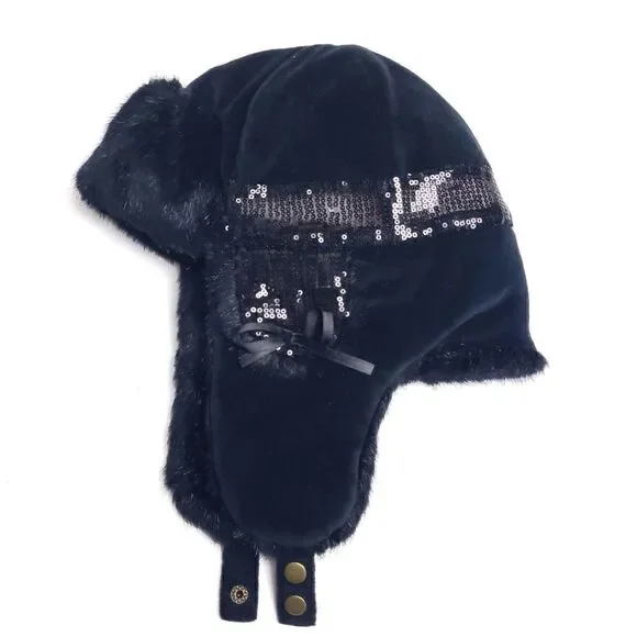 Black winter faux fur girls hat with sequins