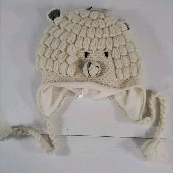 English Heritage Knit Wool Beanie Hat Alpaca Llama Ear Flap Chin Tie‎ Lined Tags
