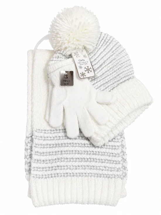 Girls White Silver Knit Hat Scarf Gloves 3 Pc Winter Set NWT