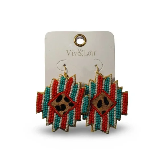 Viv &‎ Lou Dangle Earrings Women OS Red Seed Beads Leopard Print VLJ4020-RED
