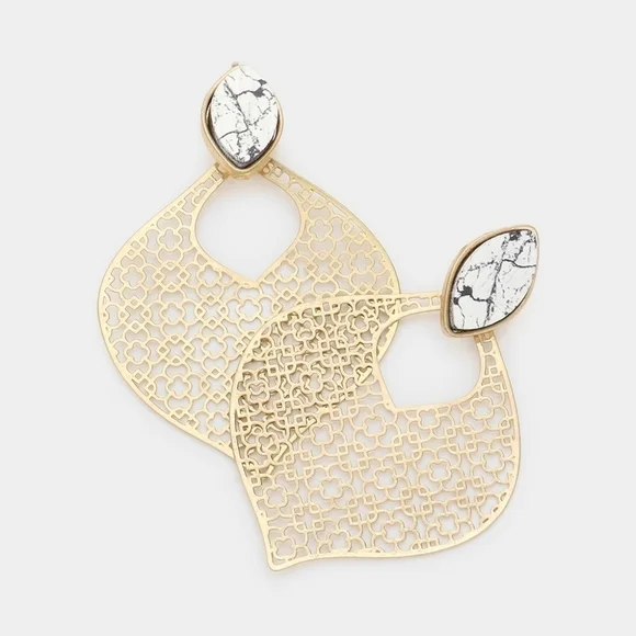 NWT White Howlite Wood Golden Teardrop Filigree Metal Earrings