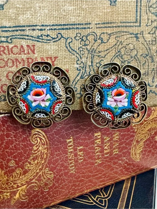 Vintage Italian Micro Mosaic Clip On Earrings Filigree Millefiori Floral