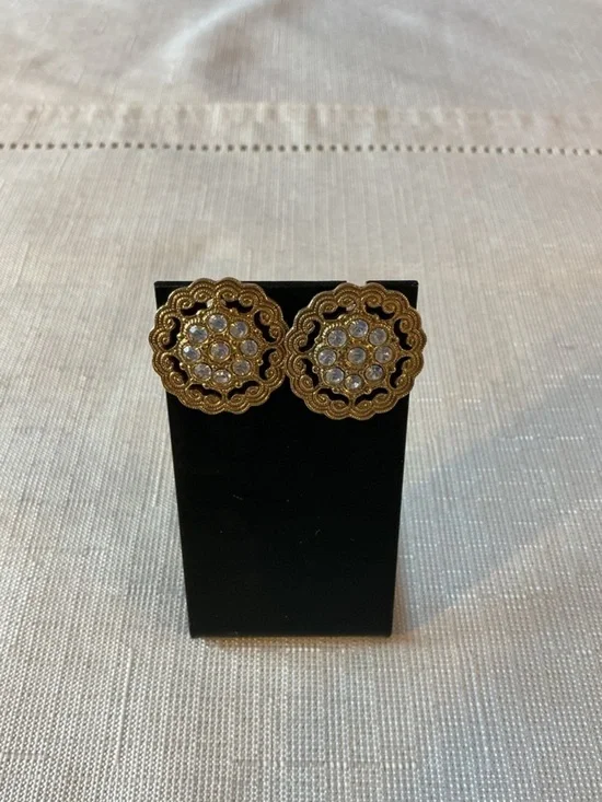 Medallion Shaped Rhinestone Gold Tone Stud Earrings