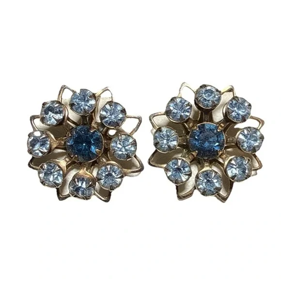 Vintage Blue Rhinestone Floral Style Screw Back Earrings J15-20