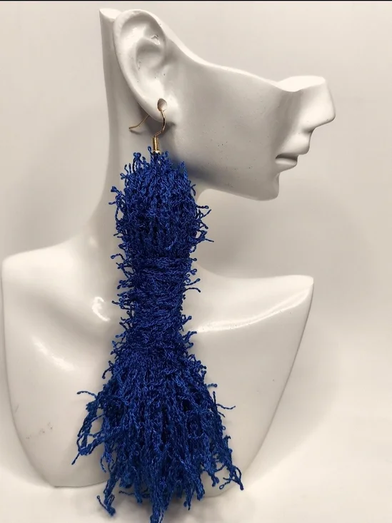 Handcrafted Royal Blue Fringe Tassel Earrings - Women Jewelry