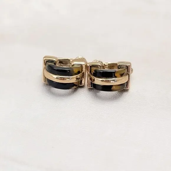 Vintage Clip On Earrings Small Gold Tone & Black/Brown Tone Hoops Stylish