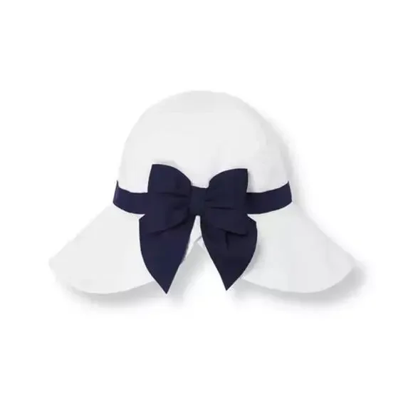 Janie and Jack Bow Bucket Hat 100% Cotton Lined White Navy Kids Girls Size 4-5