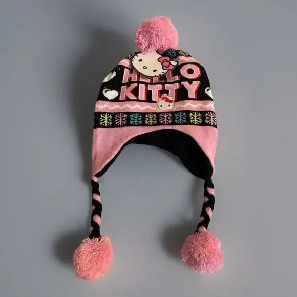 New Girls Hello Kitty Hearts & Snowflakes Knit Laplander Hat Pom-poms