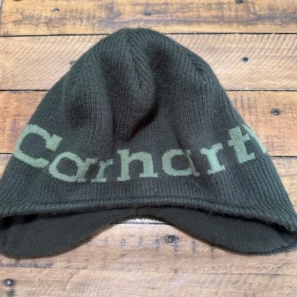 Carhartt Beanie Kids One Size Dark Green Graphic Logo Ear Flap Fleece Lined Hat