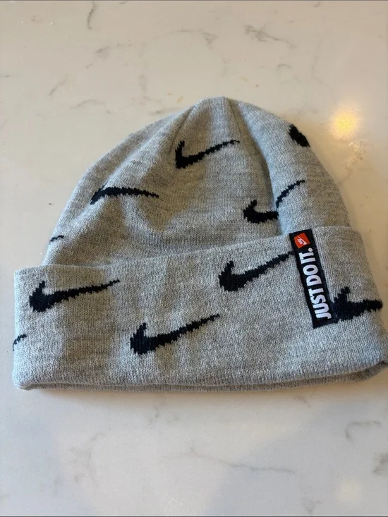 Nike Grey Beanie with Black Swoosh Allover