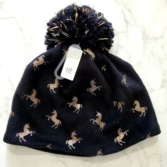 Gap Kids Hat Beanie S Black Gold Metalic Unicorns Pom Pom Lined Fleece NEW Tag