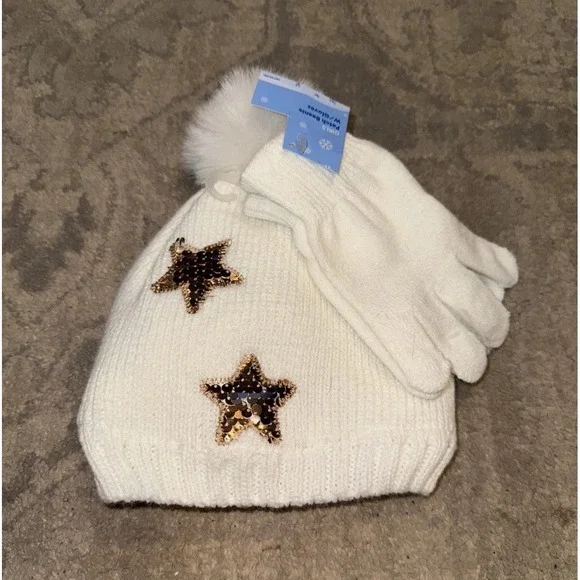 Girls Youth Boy Gold Stars Pom Beanie Hat &  Gloves 2 Piece‎