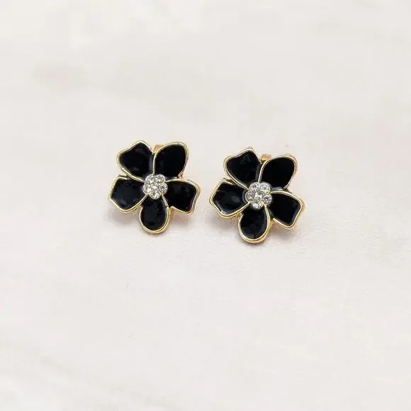 Black Enamel Small Flower Small with Clear Gem Accents Clip On Earrings