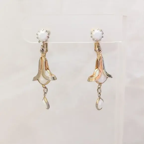 Vintage Clip On Earrings Gold Tone & White Stylish Dangle Drop Earrings