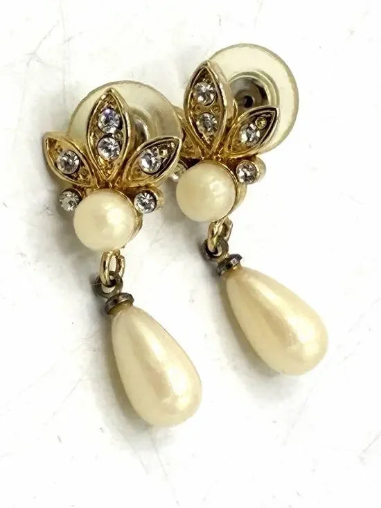Vintage Faux Pearl Rhinestone Drop Earrings Fleur Leaf Gold Tone Clip On