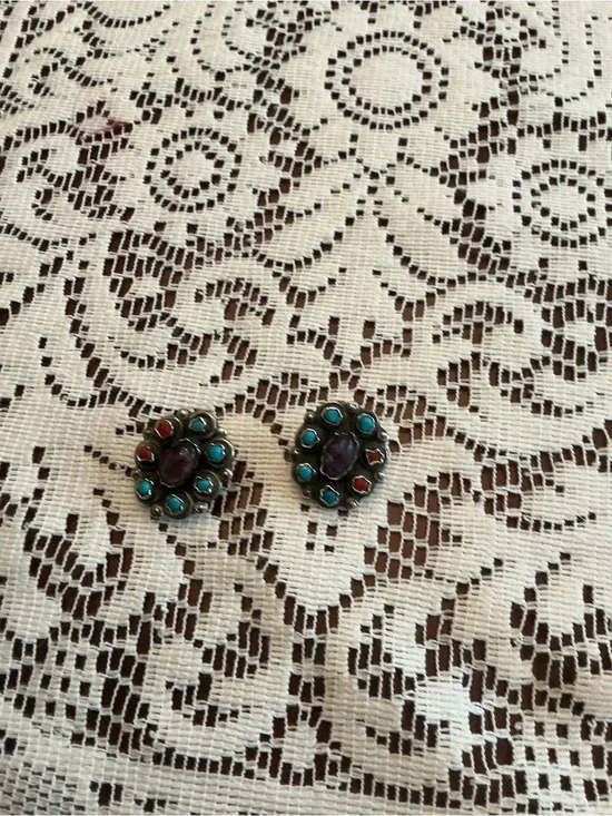 Handcrafted Turquoise, Amethyst & coral Floral Cluster Earrings - clip on