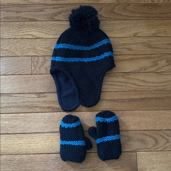 ❄️ OLD NAVY Kids Hat and Mittens Set size small navy blue royal blue snow EUC