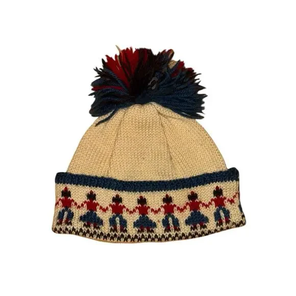 Handmade Wool Knit‎ Beanie Hat Pom Pom Fair Isle Pattern Cream Red Blue Yellow