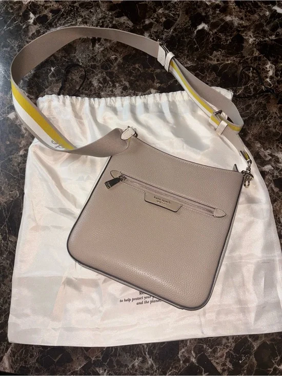 Kate Spade - Pebbled Leather Crossbody in Taupe with Yellow-Striped Strap