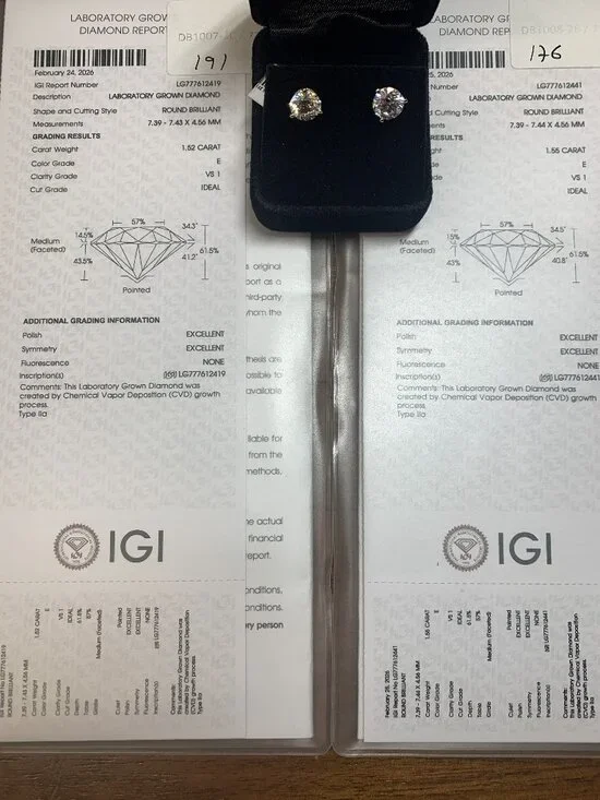 Stud earring lab grown diamonds IGI certified| 1.5 carat each