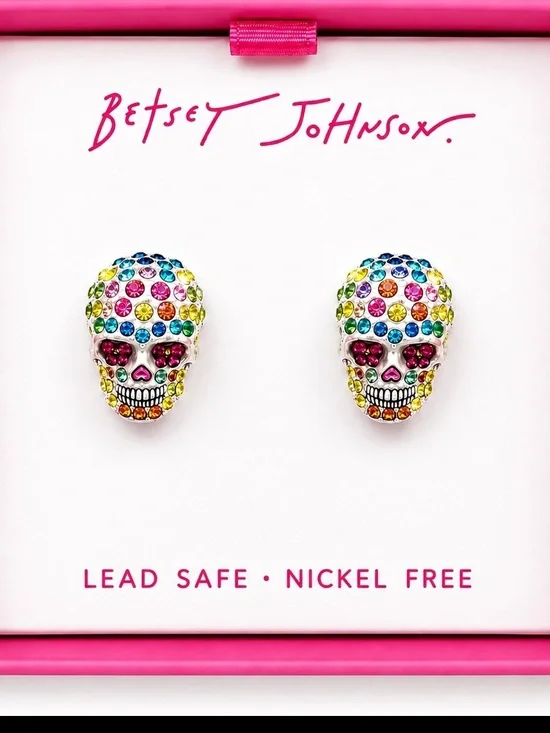 Betsey Johnson White Sugar Skull Crystal Stud Earrings NWT