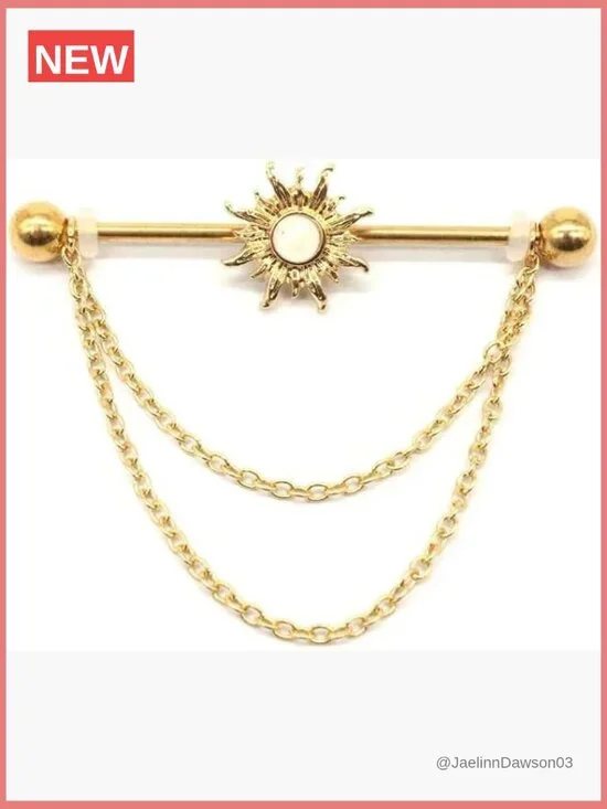 14G Gold Stainless Steel Sun Industrial Barbell Piercing Earrings Dangle Chain