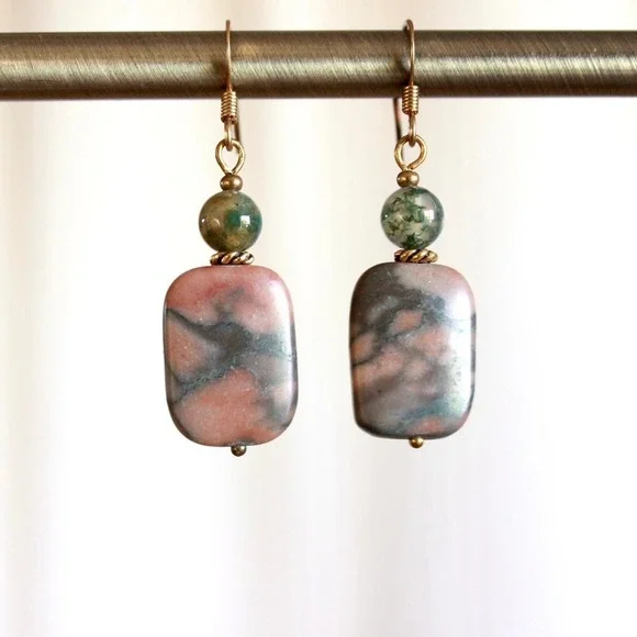 Handmade Rhodonite &‎ Moss Agate Dangle Drop Earrings Bohemian Fairy Cottagecore