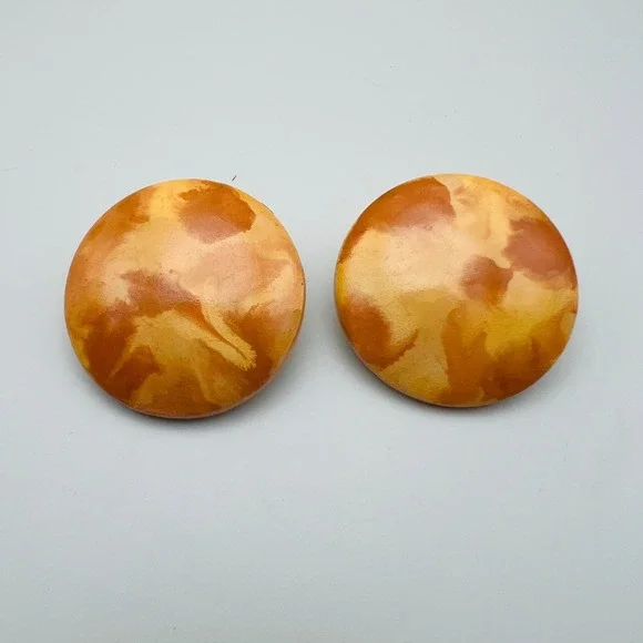 Vintage Yellow Marbled Clip On Earrings Round Button Statement Retro