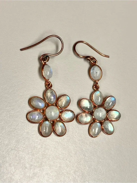 Copper Flower Drop Earrings with Moonstone Cabochons