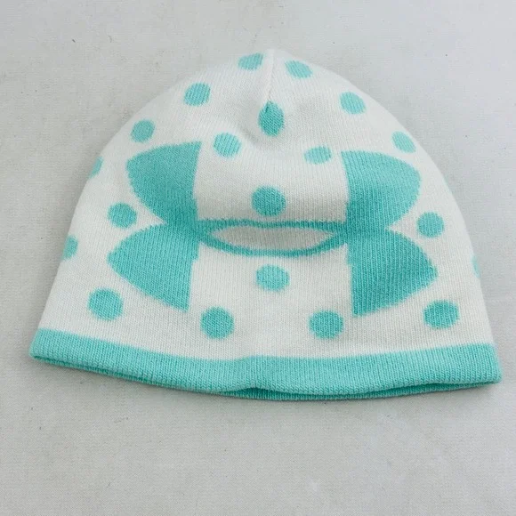 Under Armour Youth Girls Polka Dot Beanie M Stretch‎ Knit Hat White Aqua