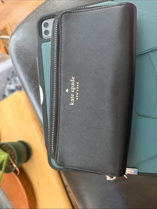kate spade Black Saffiano Zip Wallet with Gold Logo Plaque