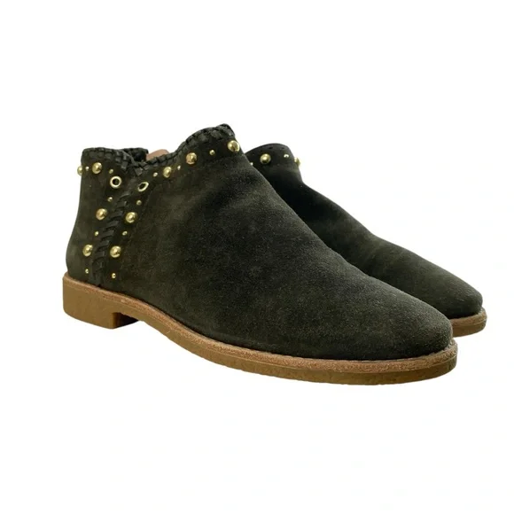 Kate Spade Festival Suede Leather Green Moss Ankle Booties‎ 8 Zip Studded Fringe