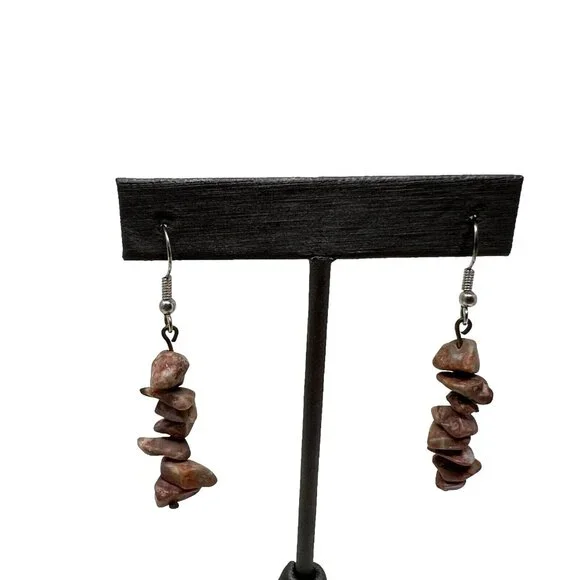Vintage Pierced Earrings Brown Stone Chip Dangle Drop‎ Wire