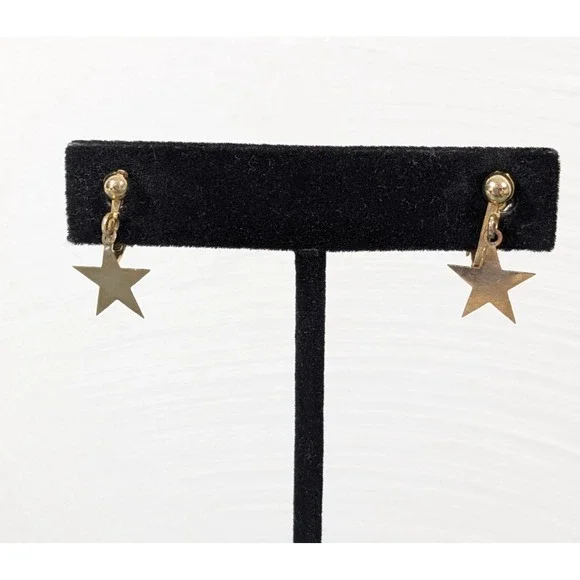 Vintage Dainty‎ Gold Tone Star Charm Clip On Earrings