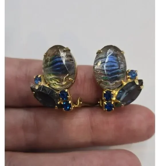 Vintage Unique Glass Cluster Blue Clip Earrings Rhinestone Statement Bling