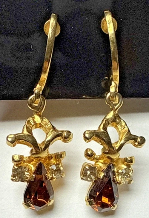 Vintage Austria Clip On Earrings Dangle Rhinestone Clear Brown Angel