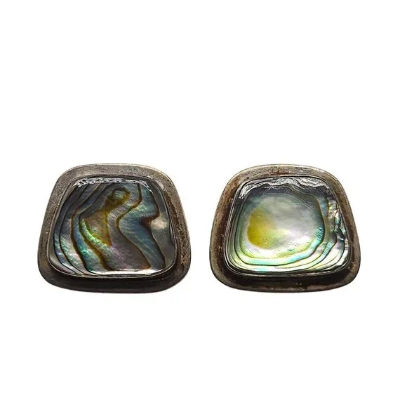 Vintage ATI Mexican Sterling Silver Abalone Shell Clip-On Earrings Square Design