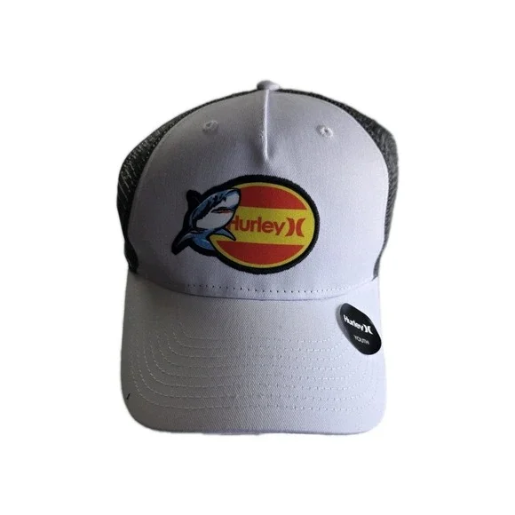 White Hurley  Snapback Trucker Hat Youth Size Adjustable Cap Logo Fish