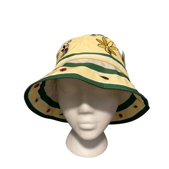 Disney Mickey Mouse Bucket Hat Yellow Floral Ladybug‎ Print One Size NWT