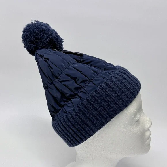 Fanes Paul Youth Navy Blue Puffer Knit Beanie Fuzzy Fleece Lined Pom Hat