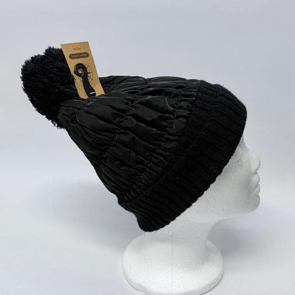 Fanes Paul Youth Beanie Black Quilted Puffer Knit Pom-Pom Hat Fuzzy Lined NEW
