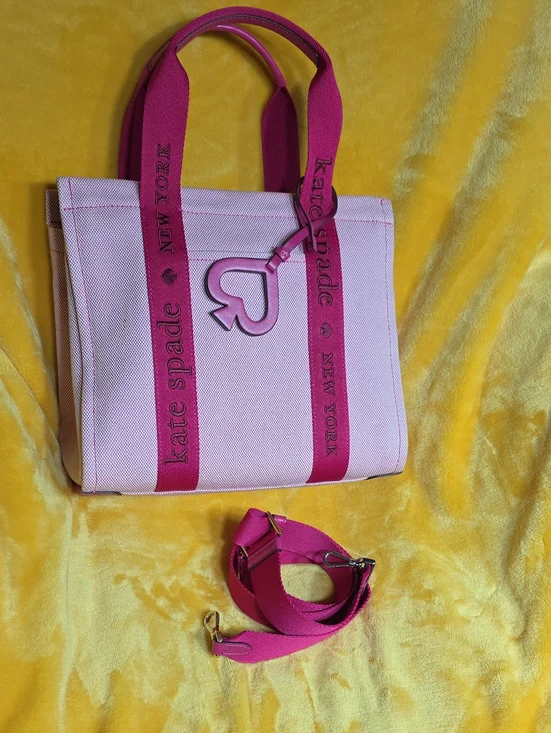 Authentic Kate Spade Pink Canvas Tote with Hot Pink Straps and Heart Charm