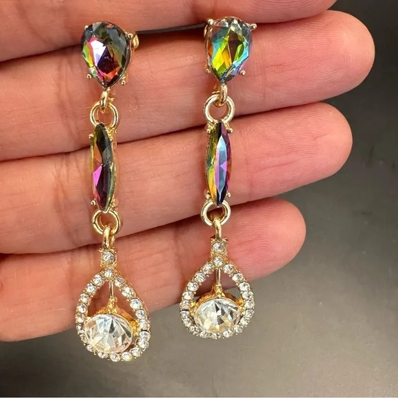 Iridescent Crystal Teardrop Dangle Earrings | Gold Rainbow Rhinestone Tear Drop