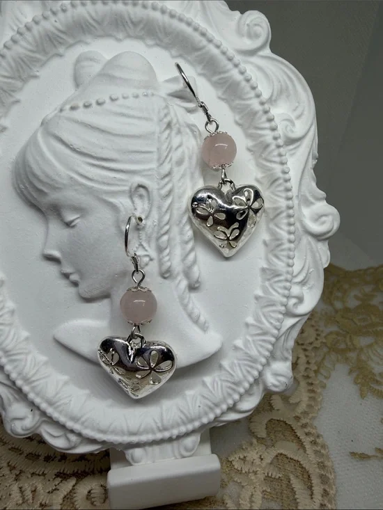 Handmade 925 Sterling Silver Rose Quartz 3D Heart Earrings | Romantic Floral