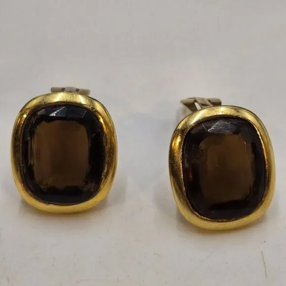 Vintage Signed Joan Rivers Square Bezel Set Amber Tone Glass Clip On Earrings